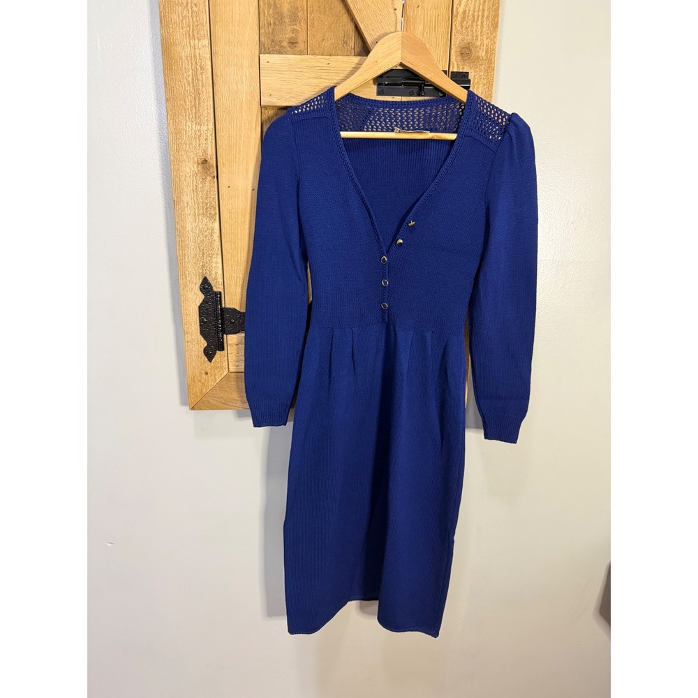 Vintage St John by Marie Gray Royal Blue Knit Dress V-Neck Button Detail Medium